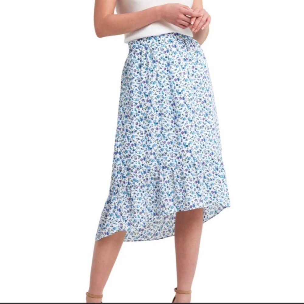 NWT! H Halston Ditsy Liberty Floral Blue & White Ruffle Hem Midi Slip Skirt 🪜